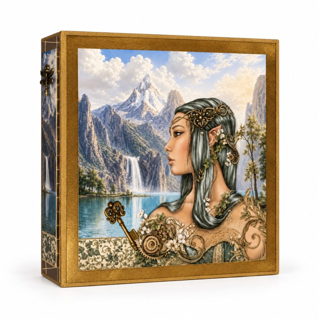 Álbum de scrapbooking con portada de fantasía y marco dorado sobre fondo blanco