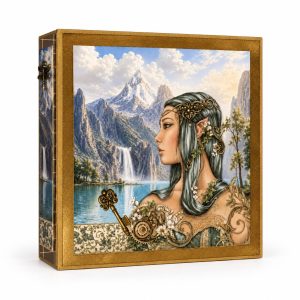 Álbum de scrapbooking con portada de fantasía y marco dorado sobre fondo blanco